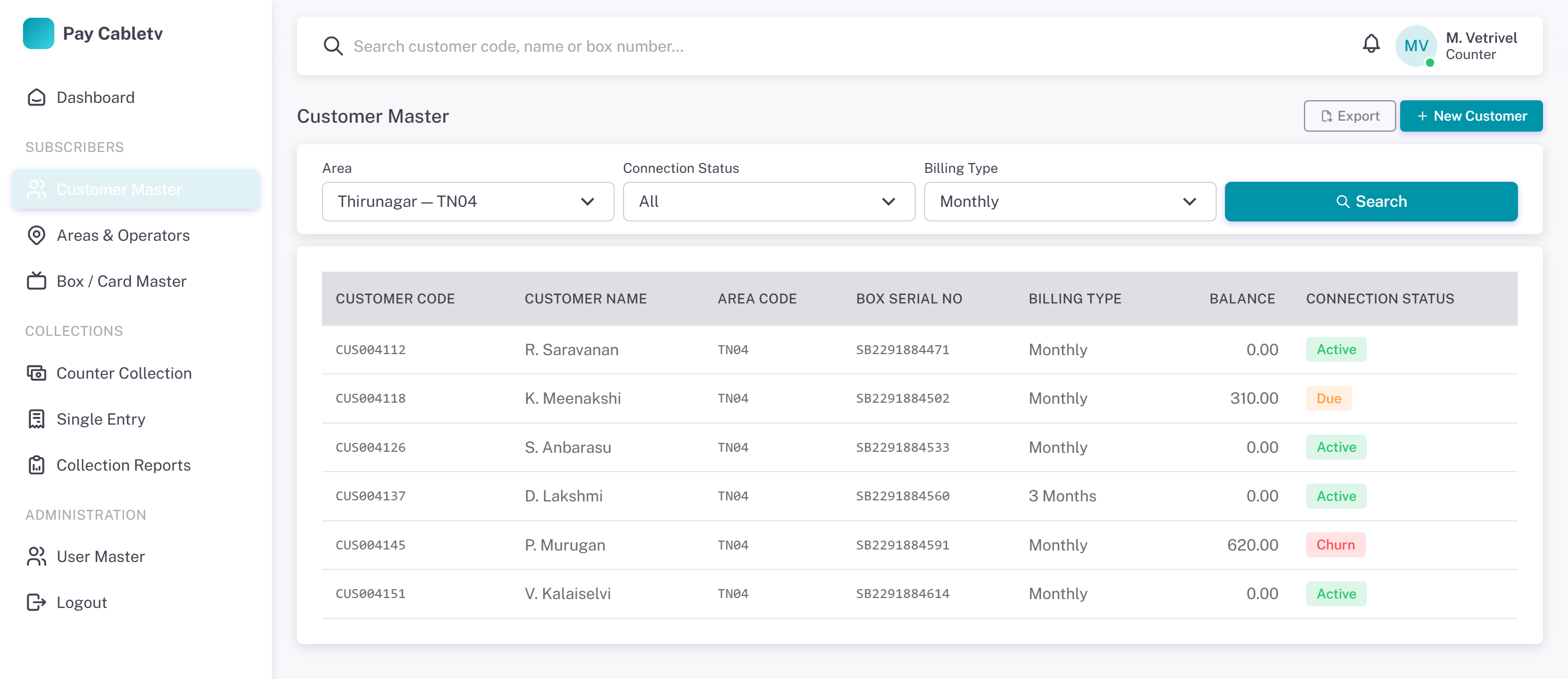 Pay Cabletv customer master listing subscribers by area with box serial and connection status.