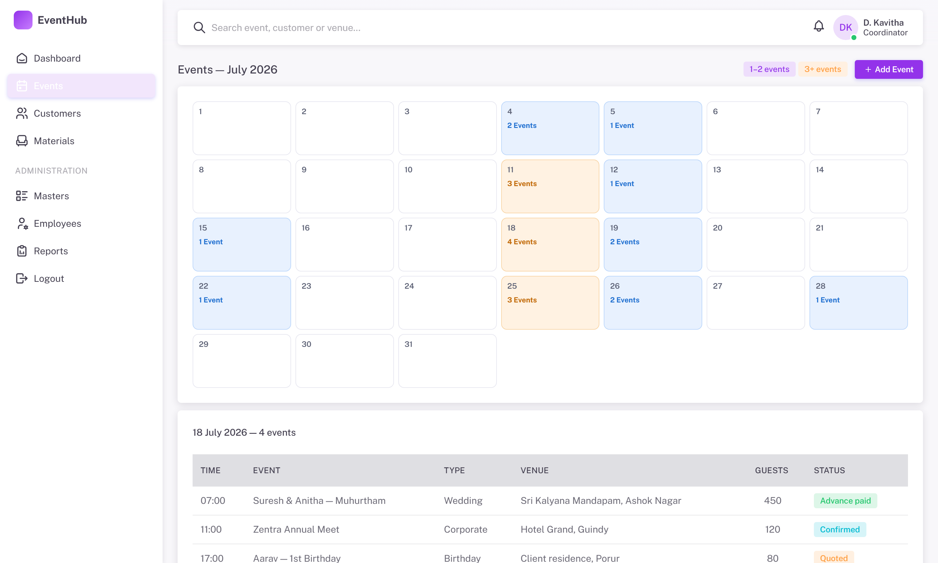 EventHub monthly event calendar