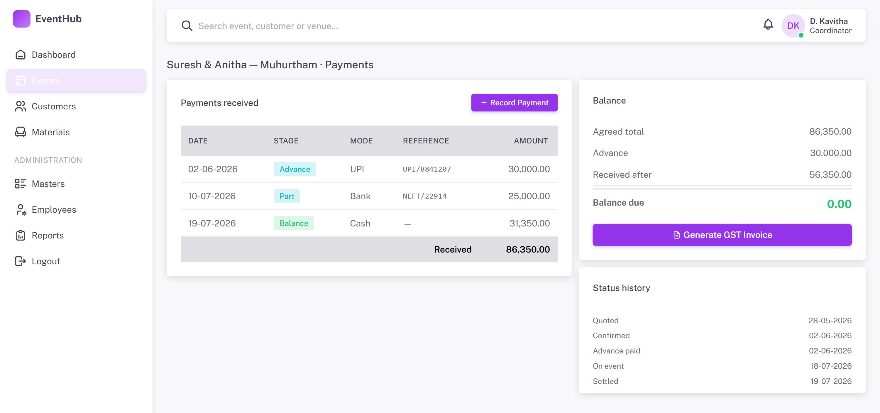 EventHub payments — advance, part payment and balance recorded against the agreed total.