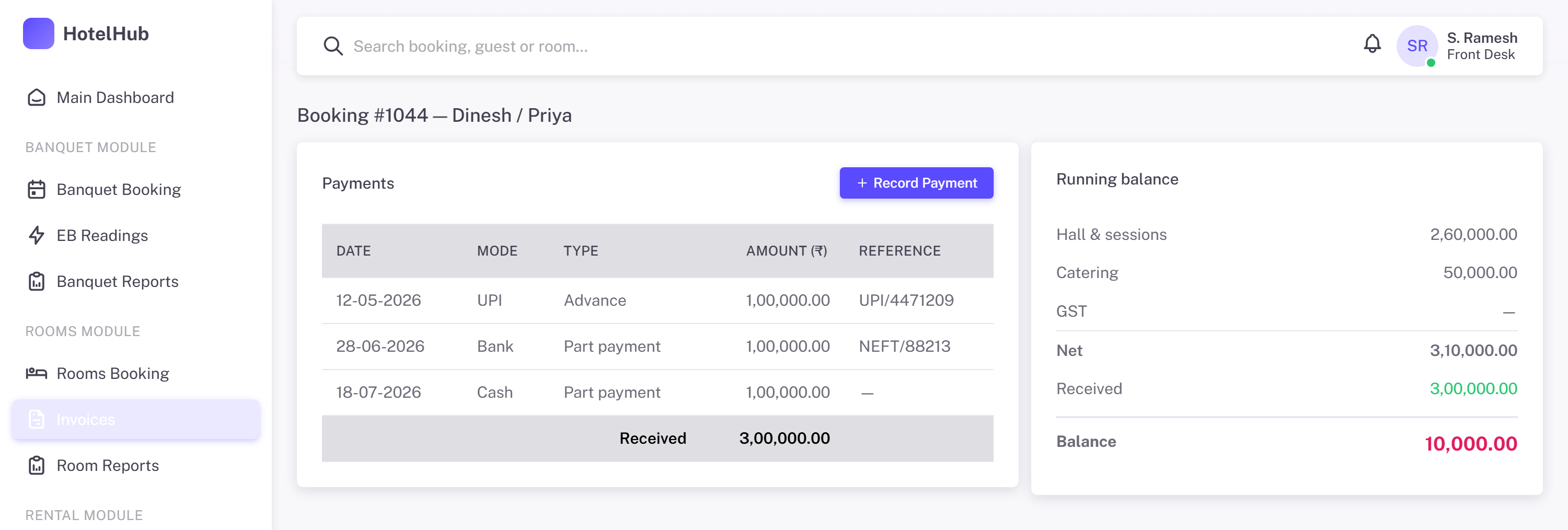 HotelHub booking payments with a running balance against the net amount.