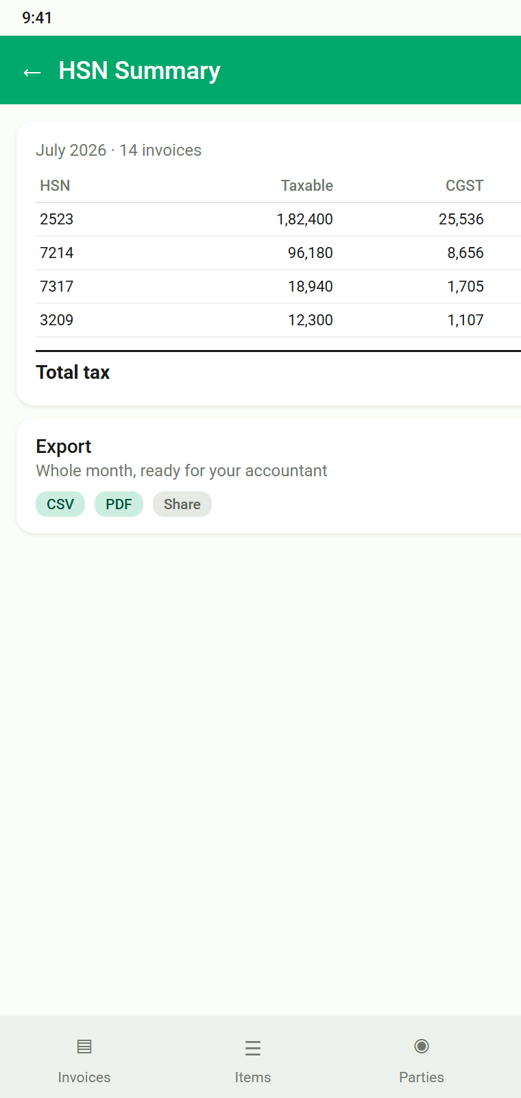 InvoiceHub HSN-wise tax summary for the month, exportable as CSV or PDF or shared straight from the phone.