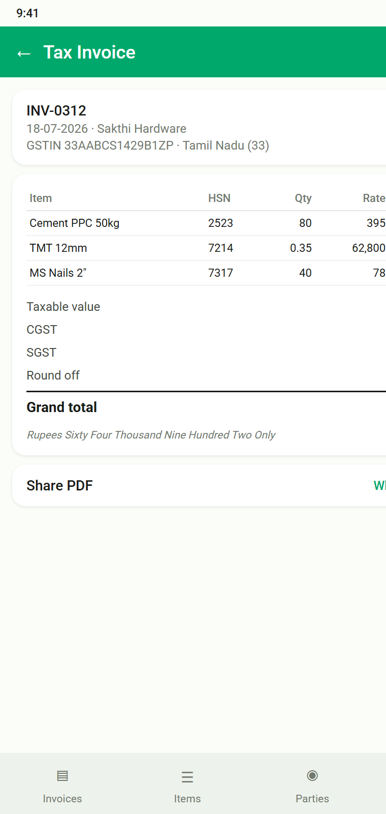 InvoiceHub GST tax invoice on Android