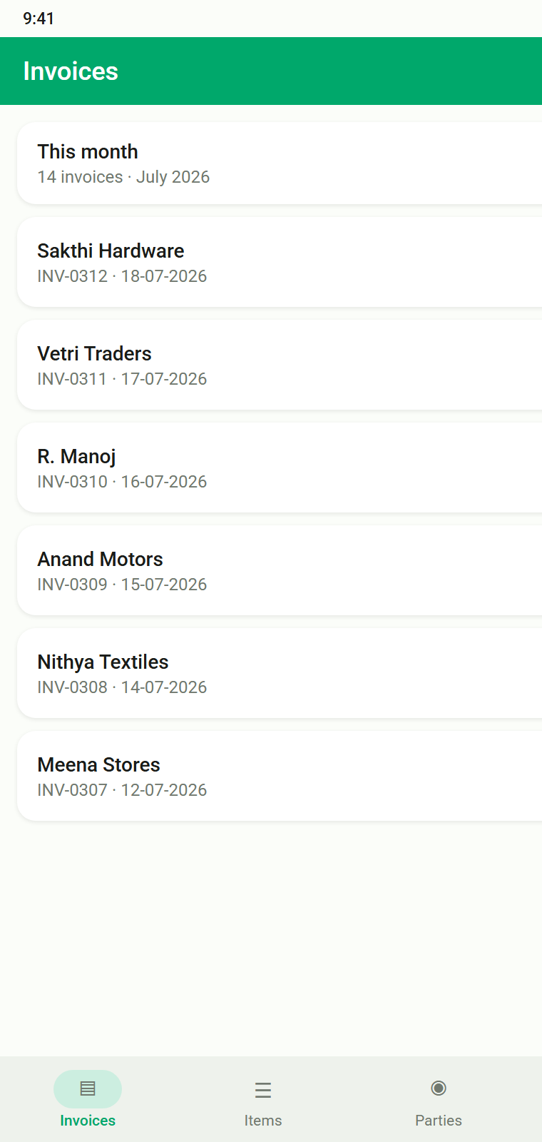 InvoiceHub invoice list on Android