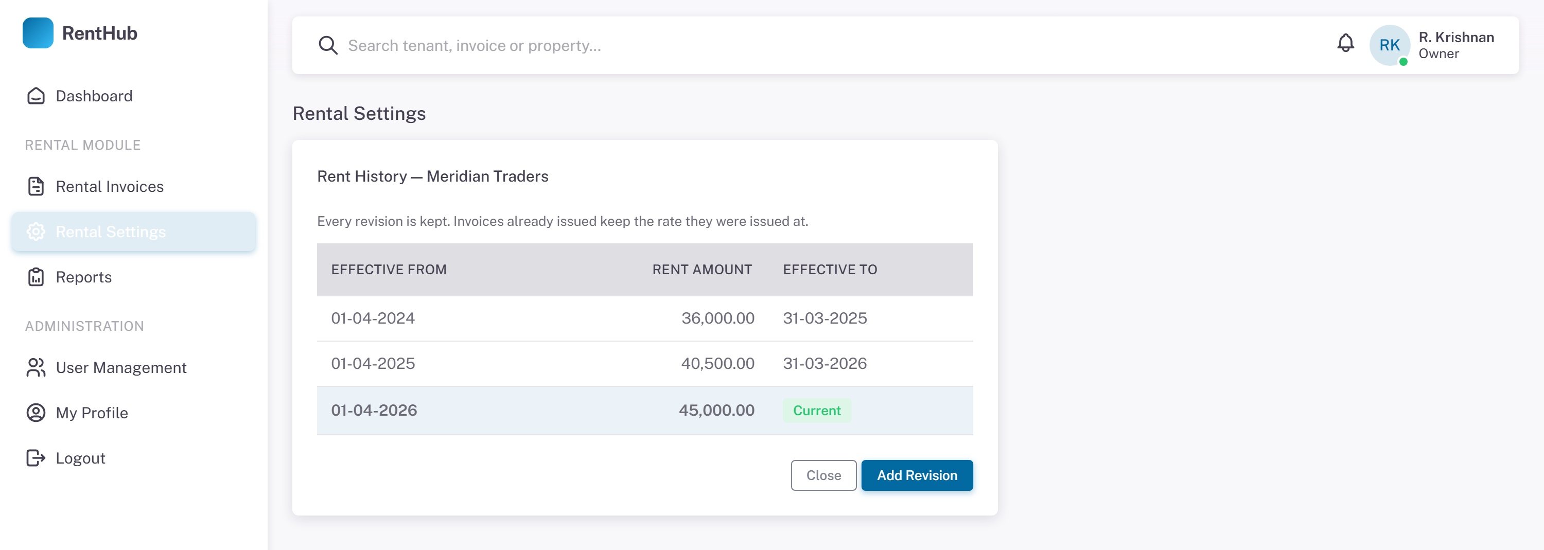RentHub rent history for a tenant — three revisions from 2024 to 2026 with effective-from and effective-to dates, the latest marked current.