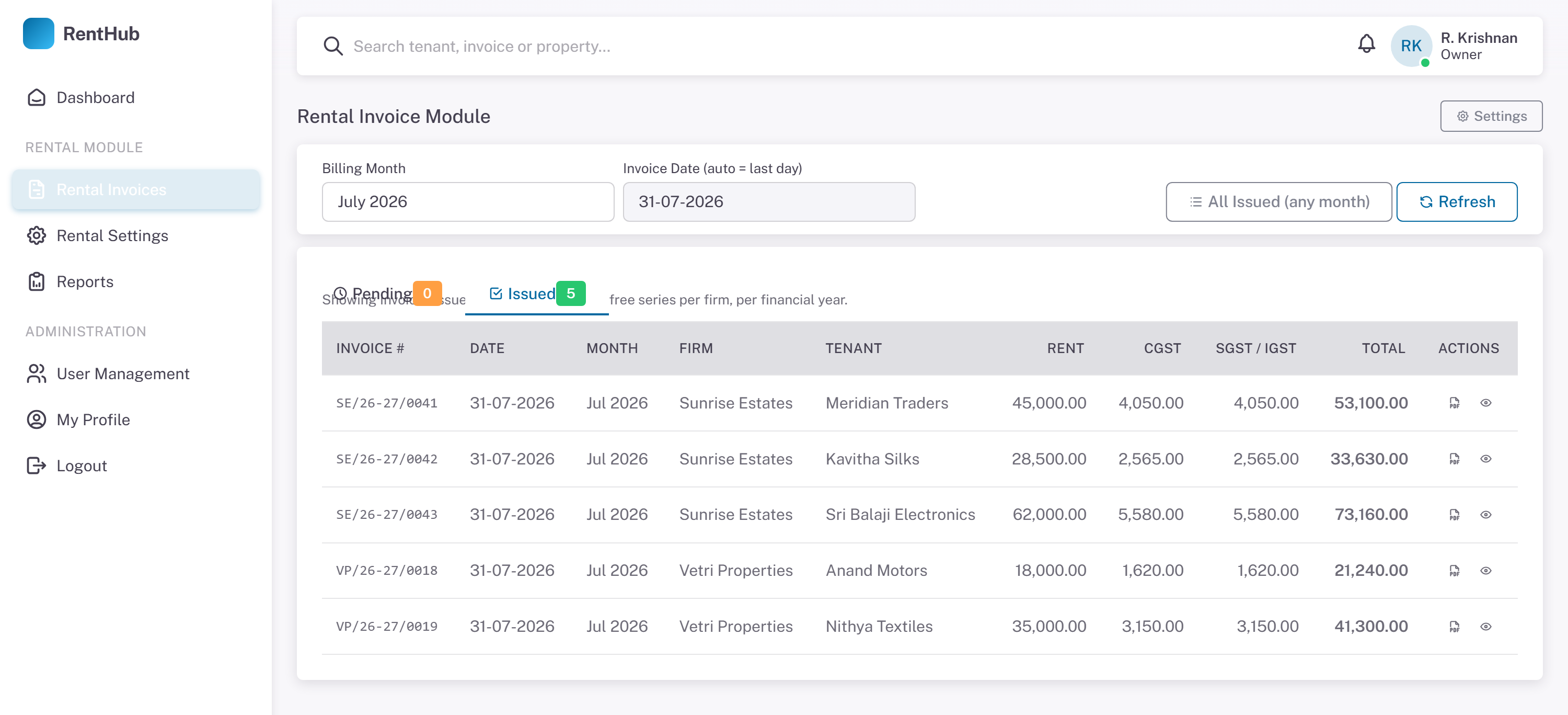RentHub issued invoices — gap-free invoice numbers per firm per financial year, with date, month, tenant and GST break-up.