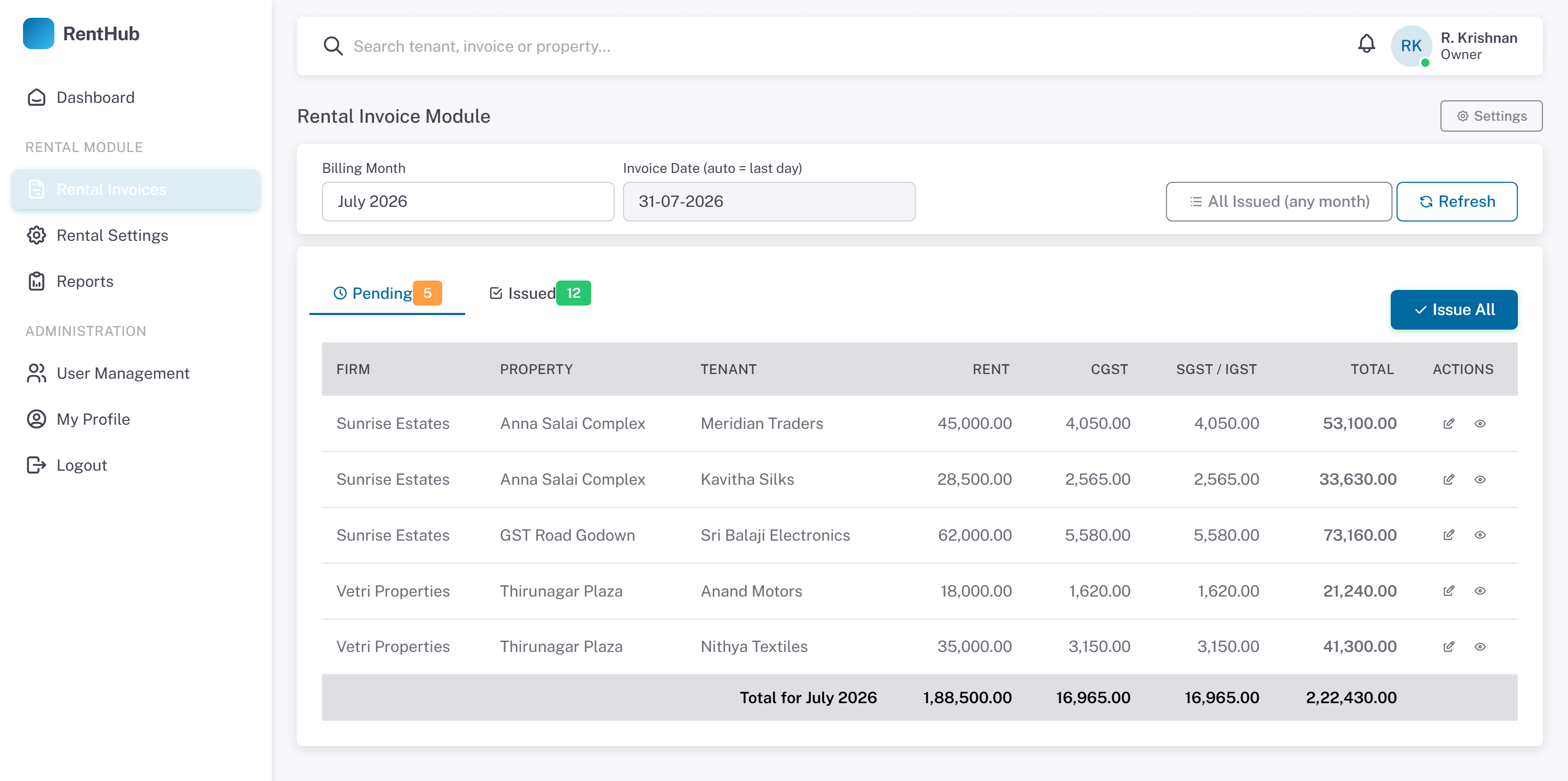 RentHub pending rental invoices