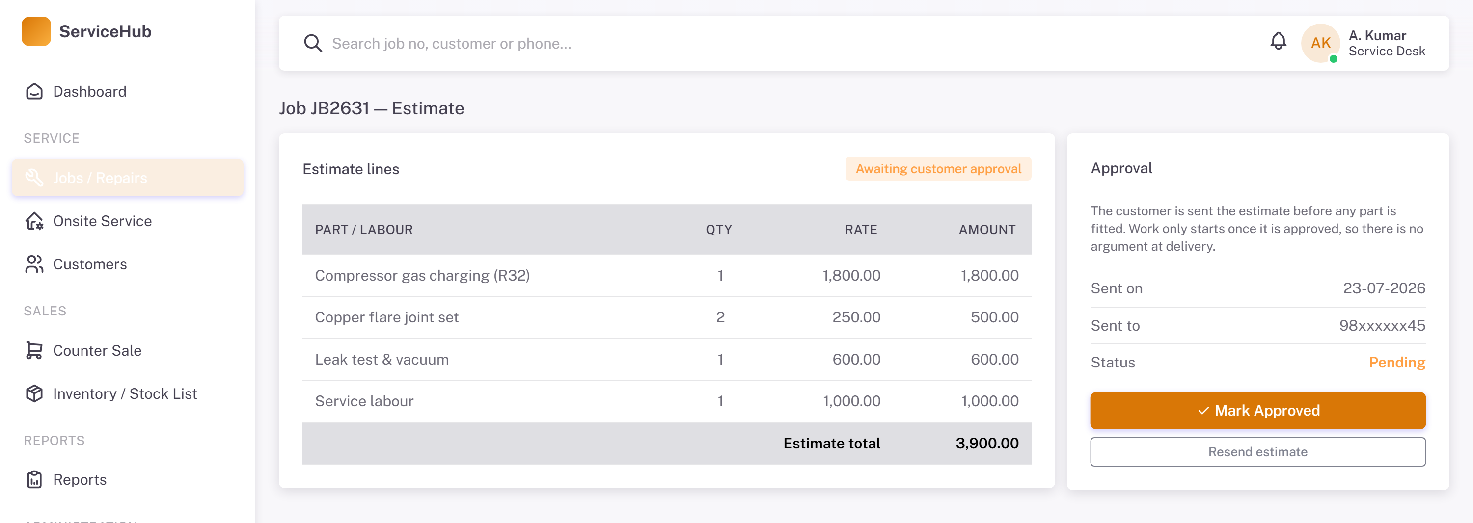 ServiceHub estimate awaiting customer approval before any part is fitted.