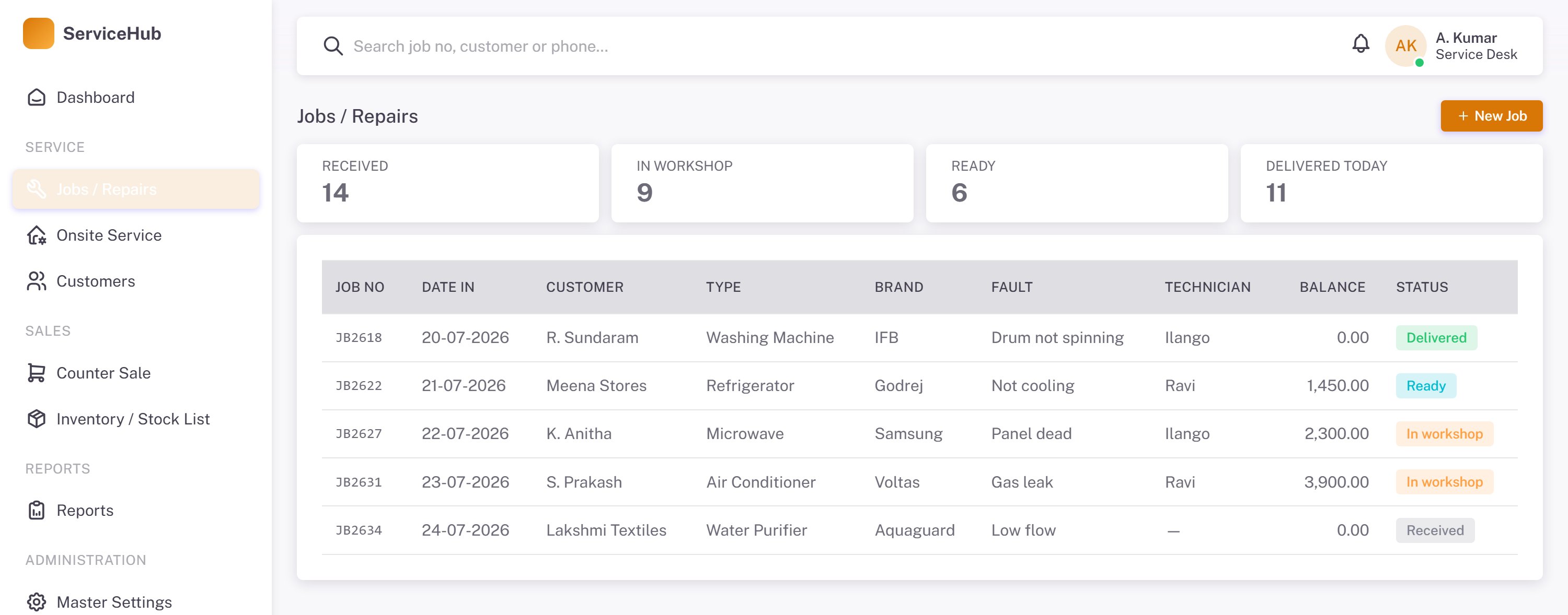 ServiceHub jobs and repairs board
