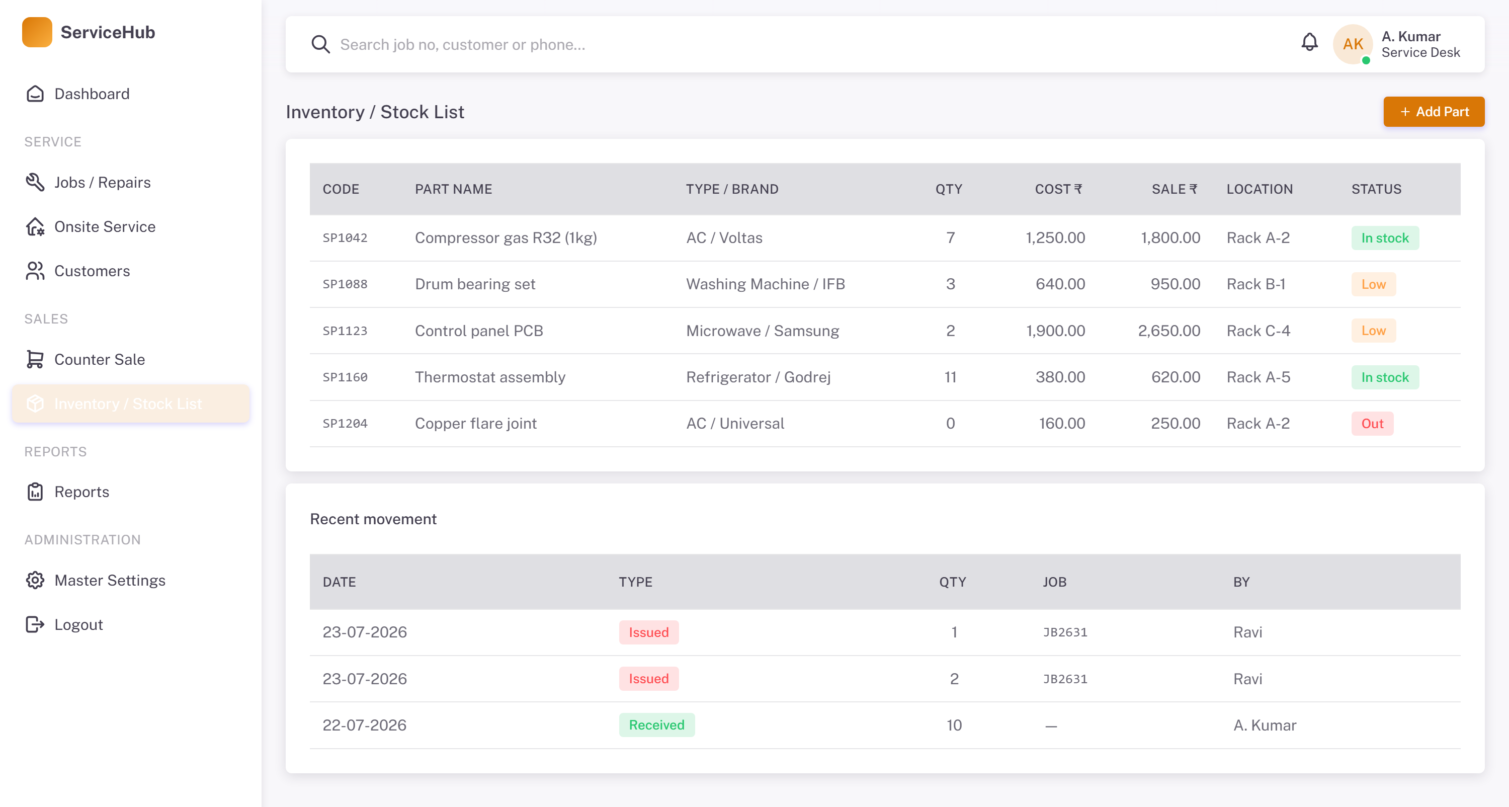 ServiceHub spare-parts inventory with quantities, cost and sale price, and recent movement.